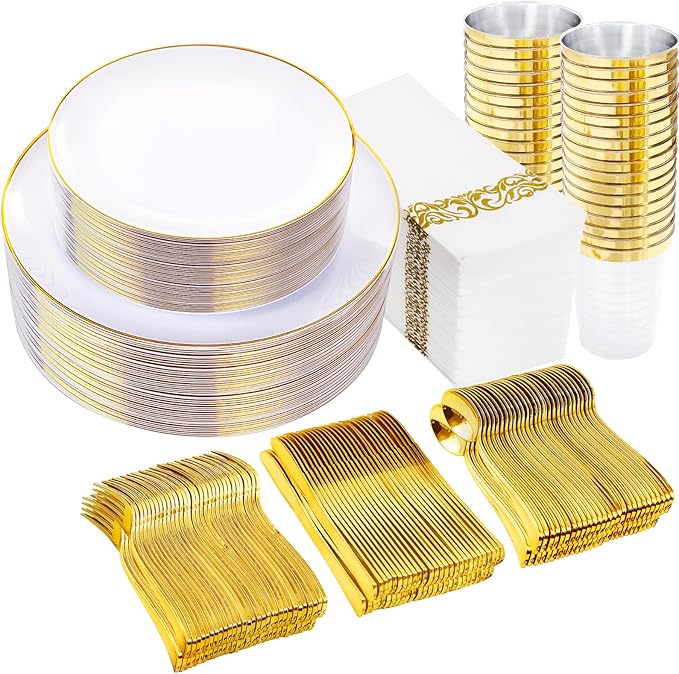 Plastic Plates with Gold Rim, 350-Piece White Disposable Dinnerware Set for 50