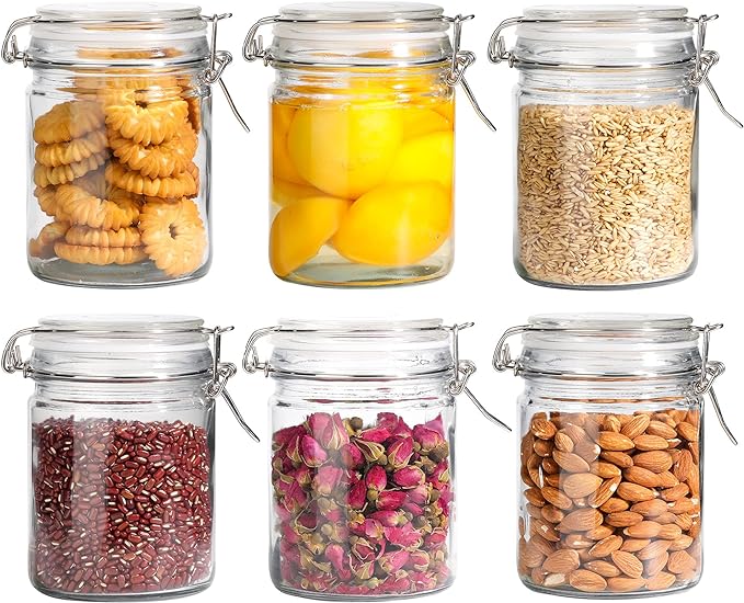 ComSaf Airtight Glass Canister with Lid Set of 6, 25oz Food Storage Jar, Mason Jars, Storage Container with Seal Wire Clamp Fastening for Kitchen Fermenting Preserving Canning Pasta Flour Cereal