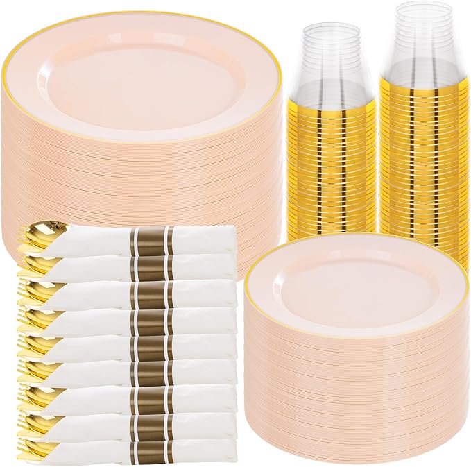 Disposable Plates Set in Pink and Gold, 350 Pieces for 50 Guests