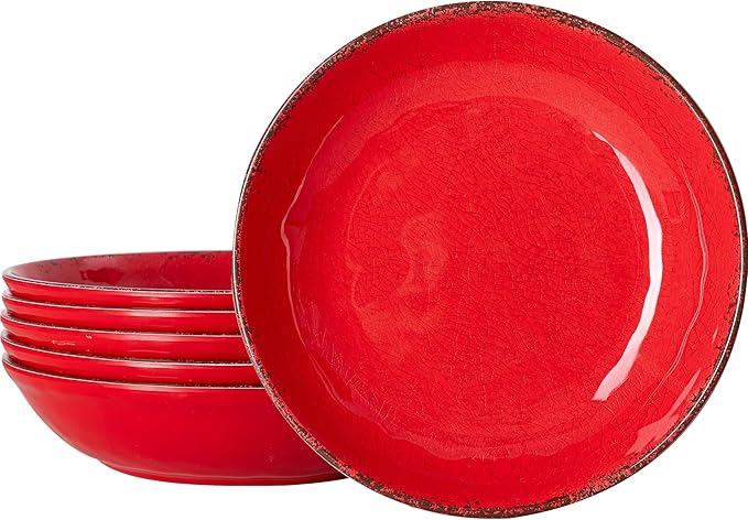 Pasta Bowls Set of 6, 9.25-Inch Melamine, Rustic Red Farmhouse Style