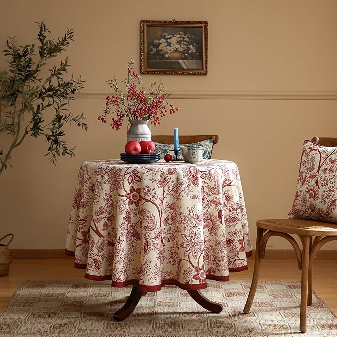 Round Tablecloth, 67 Inch Linen-Polyester Blend, Red Floral
