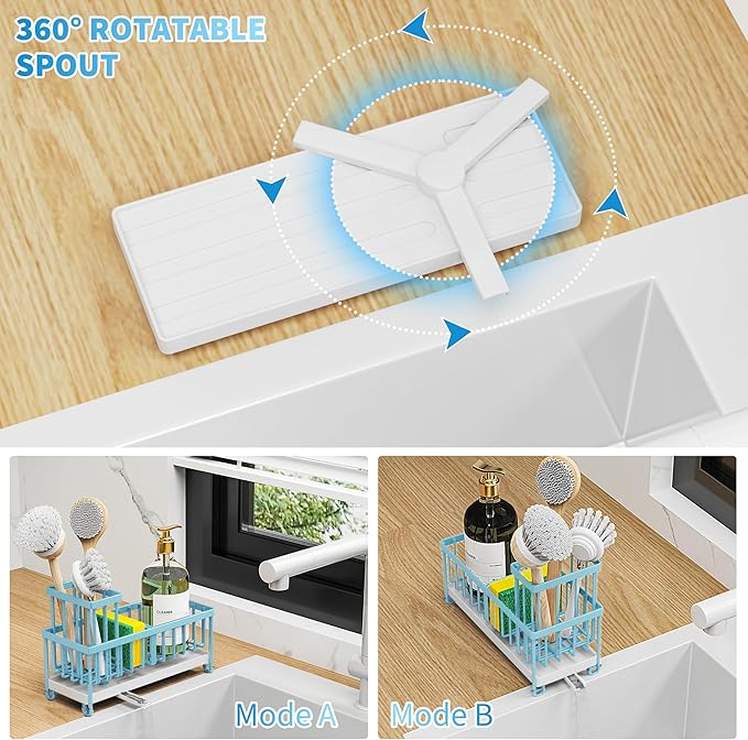 Kitchen Sink Sponge Holder, Blue Stainless Steel Caddy with Brush Holder