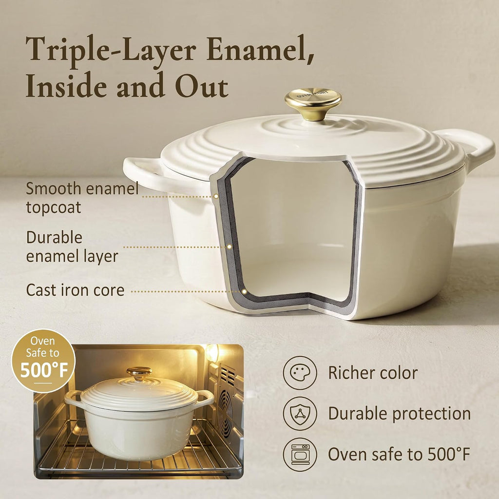 Enameled Cast Iron Dutch Oven - 5.5QT Pot with Lid Cookbook & Cotton Potholders – features
