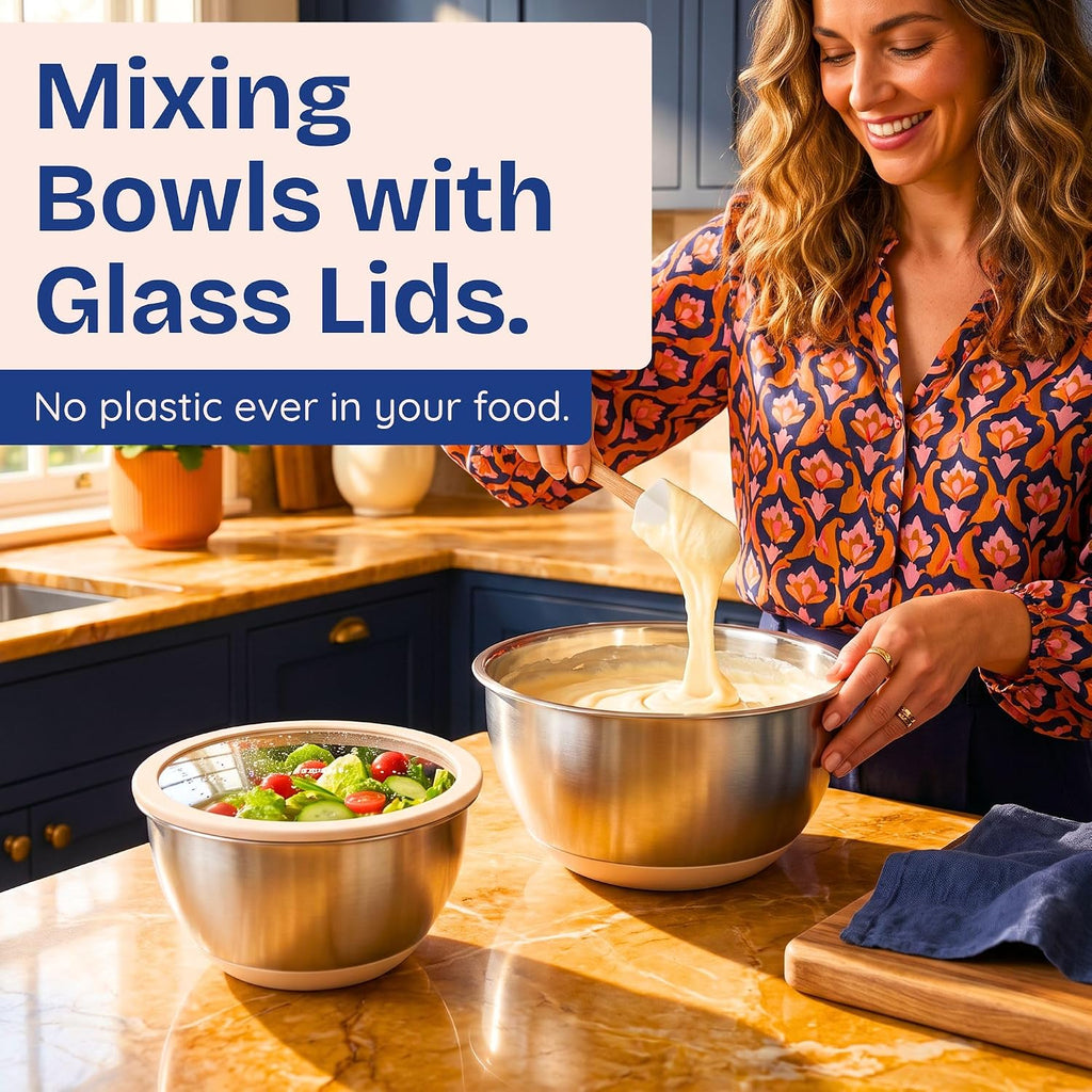 Mixing Bowls Set, 5 Pieces, Stainless Steel with Glass Lids, Beige