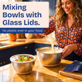 Mixing Bowls Set, 5 Pieces, Stainless Steel with Glass Lids, Beige