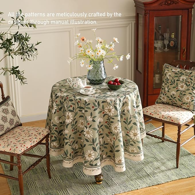 Round Tablecloth 67 Inch Linen-Blend Floral Design for Dining Tables