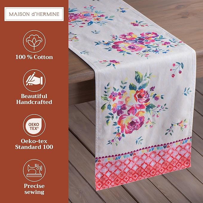 Table Runner, 100% Cotton, 14.5 x 72 Inch Double Layer, Rose Garden