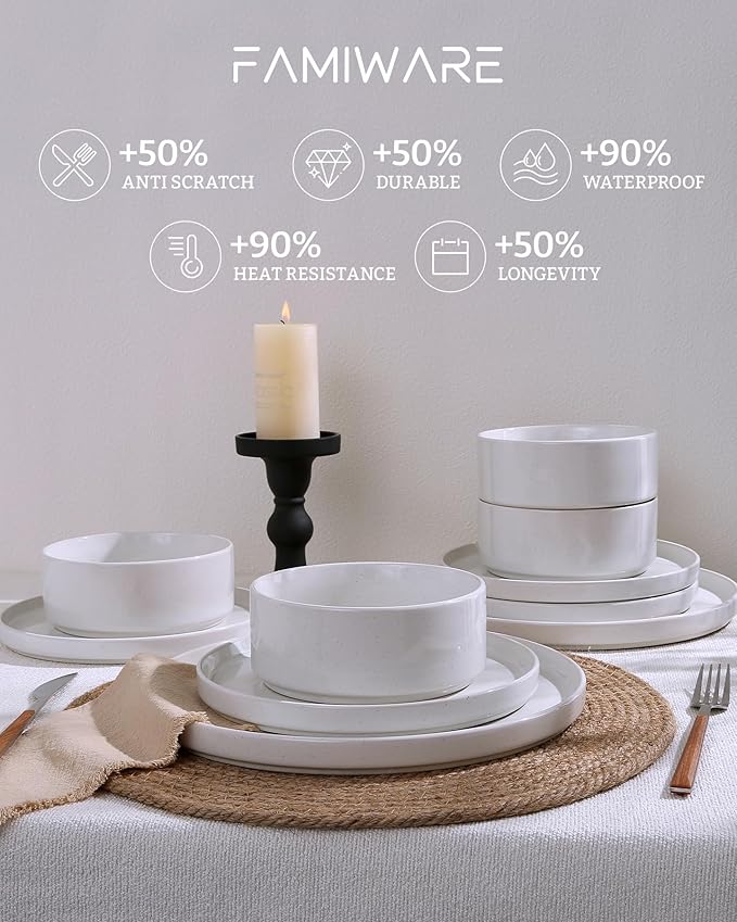 Famiware Nebula Plates and Bowls Sets, 18 Pieces Dinnerware Sets, Dishes Set for 6, White