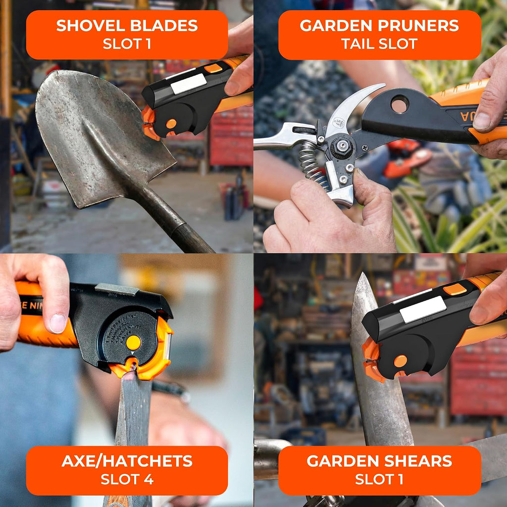 Orange Ninja 7-in-1 Garden Tool & Knife Sharpener- One Tool for Every Blade – features