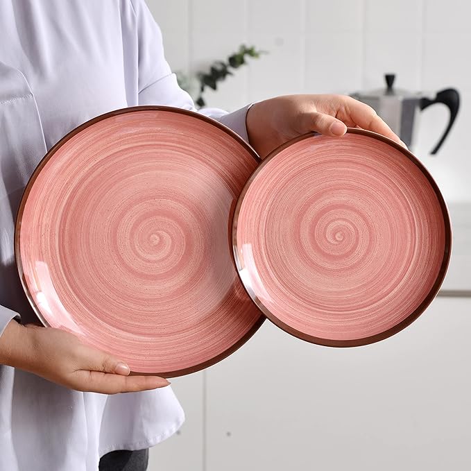 Melamine Dinnerware Set, 12 Piece Pink Round Plates and Bowls for 4