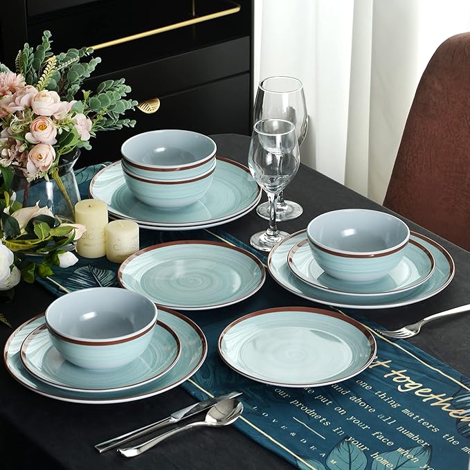 Dinnerware Sets for 4, 12 Piece Green Melamine Round Plates and Bowls