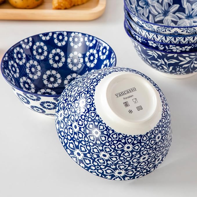 Cereal Bowls Set of 6, 24 oz Blue and White Floral Porcelain