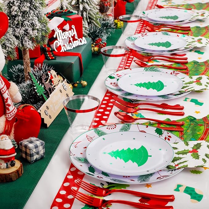 Disposable Christmas Plates Set, Green Tree Pattern, 176 Pieces