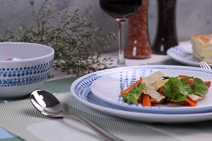 Melamine Dinnerware Set for 4, 12-Piece Blue Raindrop Plates and Bowls