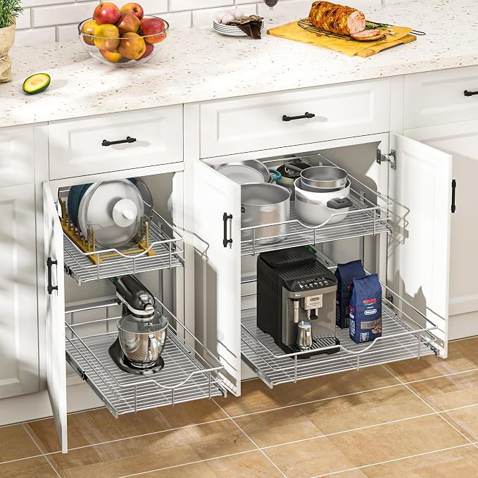 Pull-Out Kitchen Cabinet Organizer, 2-Tier Metal with Soft-Close Slides