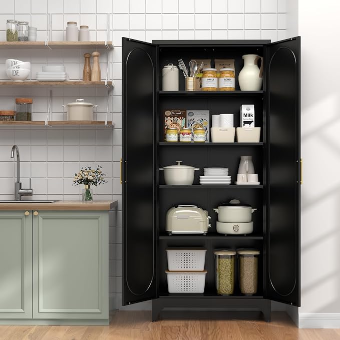 Black Metal Pantry Cabinet with Doors and 4 Adjustable Shelves