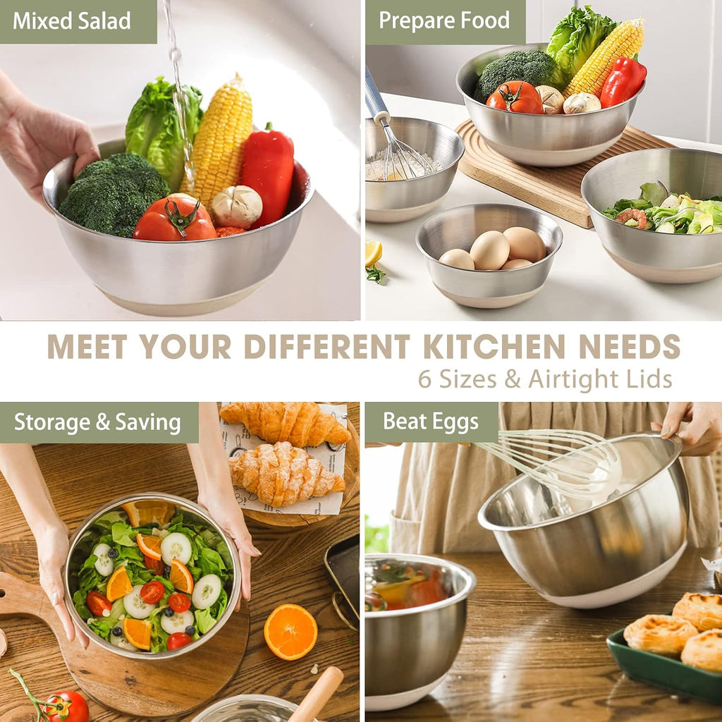 Mixing Bowls with Airtight Lids, 6 piece Stainless Steel Metal Nesting Storage – close-up