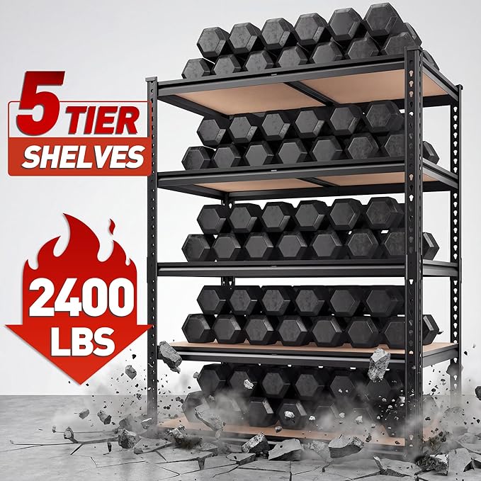Standing Shelf Unit, 5 Tier, 72 Inch Tall, Black Metal, 2400 lb Capacity