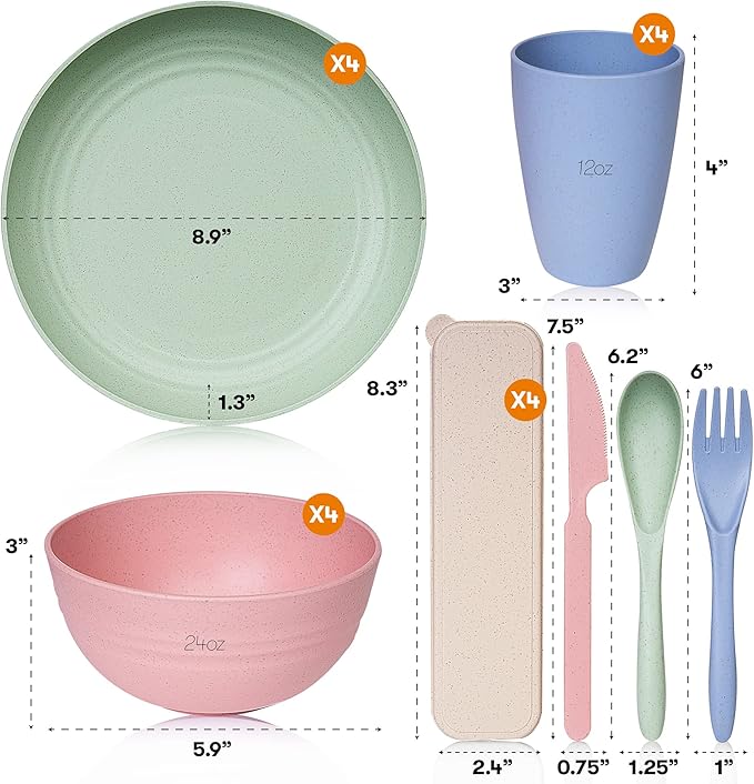 Dinnerware Set Wheat Straw Multicolor Unbreakable Microwave Safe