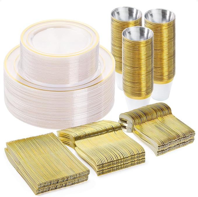 Disposable Plastic Plates Set for 50 Guests, 300 Pieces, Clear Gold Rim
