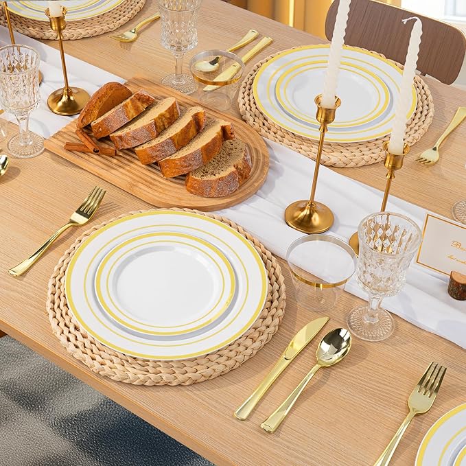 Plastic Plates Set with Gold Rims, 10.25 and 7.5 Inch, for 100 Guests