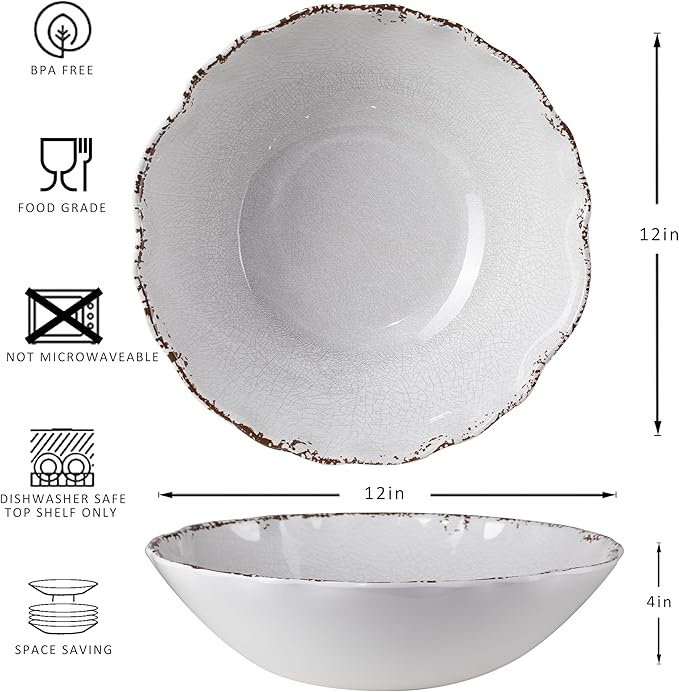 Salad Bowls, 12-Inch Melamine Set in Rustic White