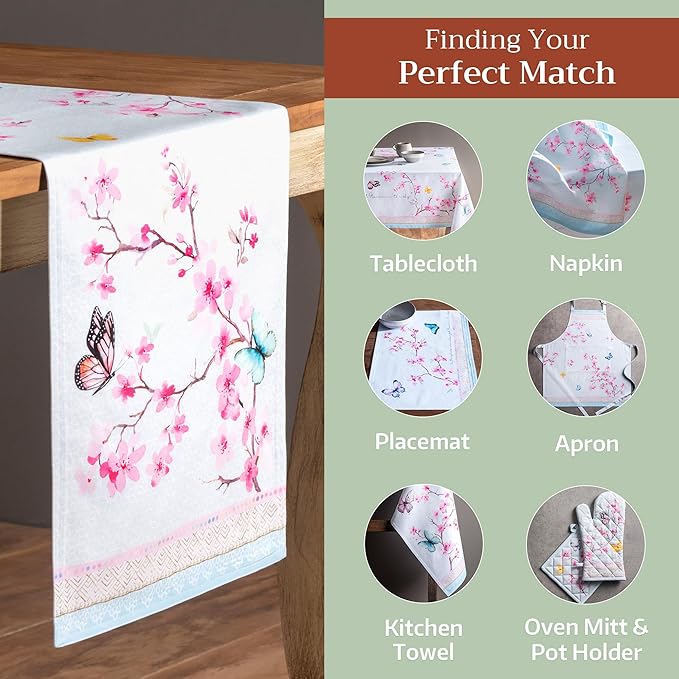 Table Runner, Cotton Double Layer, 14.5 x 108 Inches, Blossoms in Spring