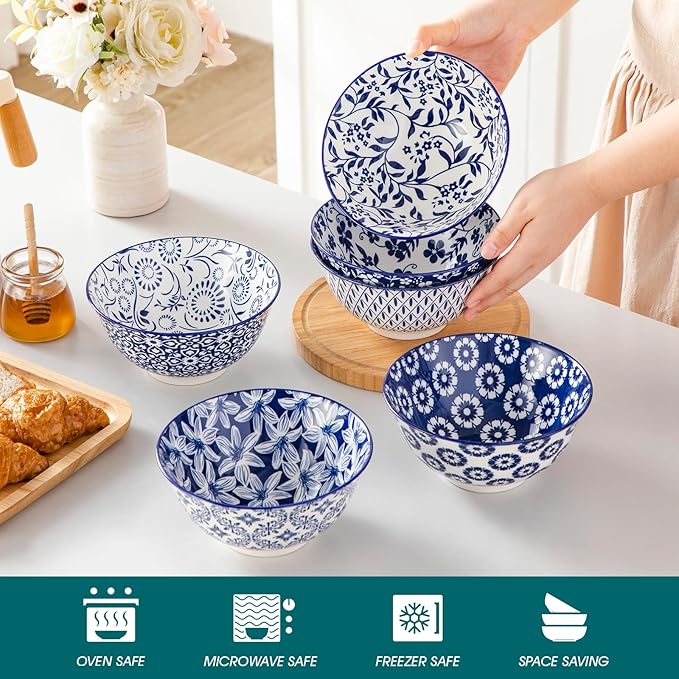 Cereal Bowls Set of 6, 24 oz Blue and White Floral Porcelain