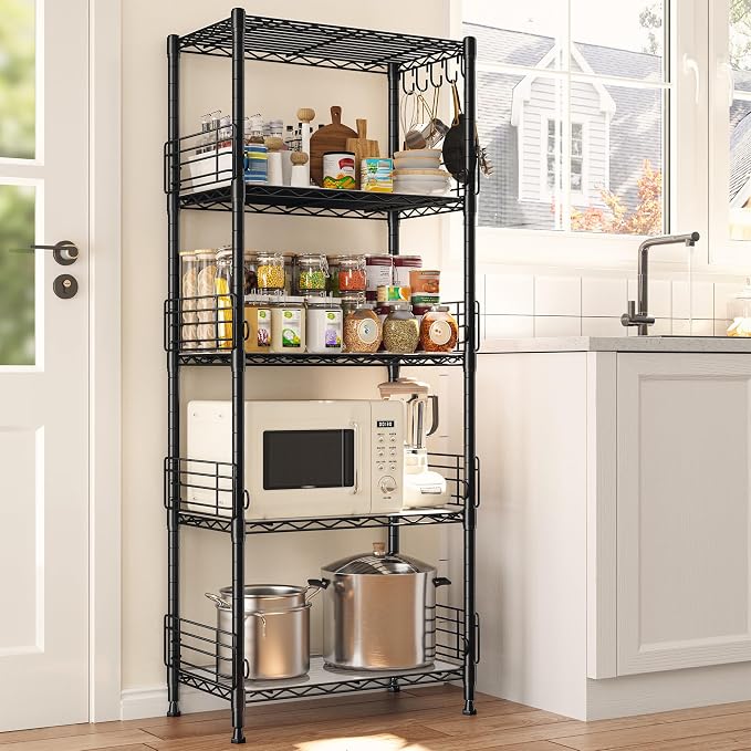 Standing Shelf Unit, 5 Tier Metal Wire Rack with Side Blockers