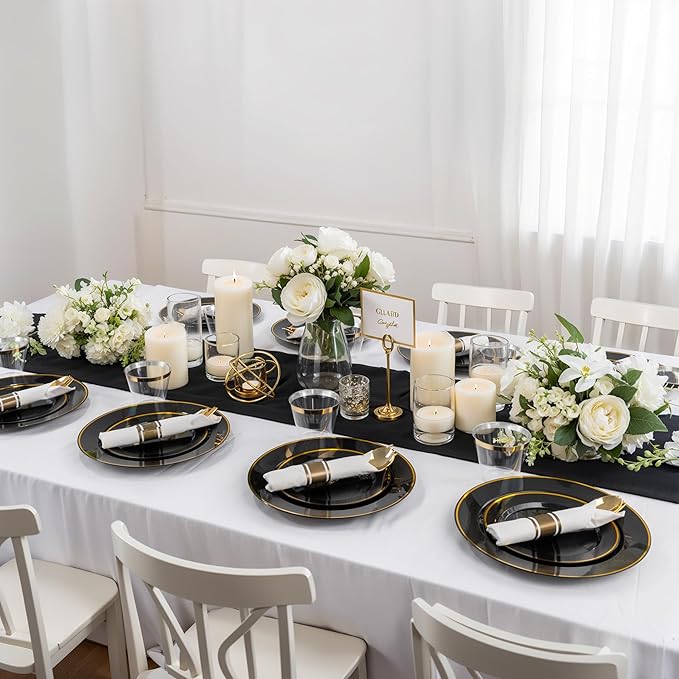 Disposable Plastic Plates Set, Black and Gold, 175 Pieces, Serves 25