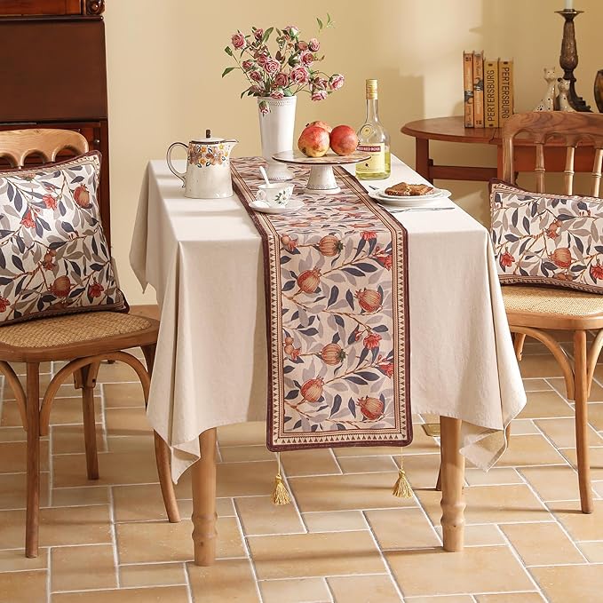 Table Runner 12x102 Inch Linen-Blend Pomegranate Floral Pattern