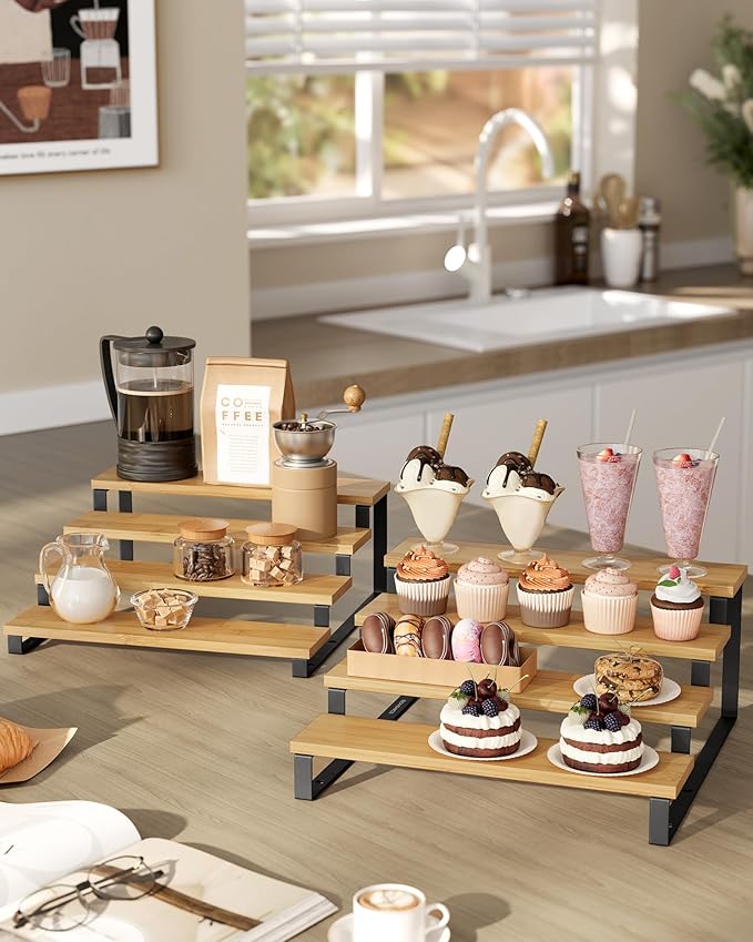 Spice Rack Set of 2 Tiered Risers, Natural Beige and Ink Black