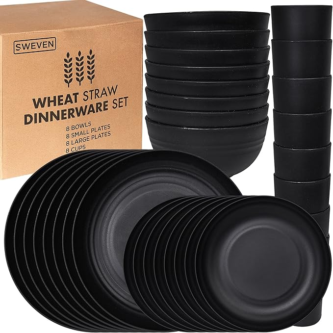 Dinnerware Set for 8, Black Wheat Straw, Round, Microwave Safe