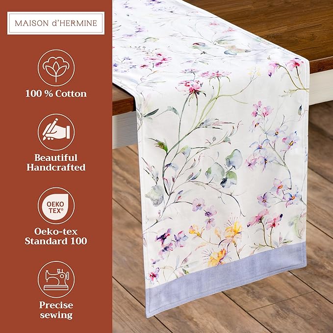 Cotton Table Runner, 14.5 x 72 Inch Summer Floral Double Layer