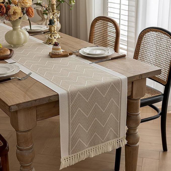 Table Runner, 14 x 72 Inch Coffee Boho Polyester with Fringe