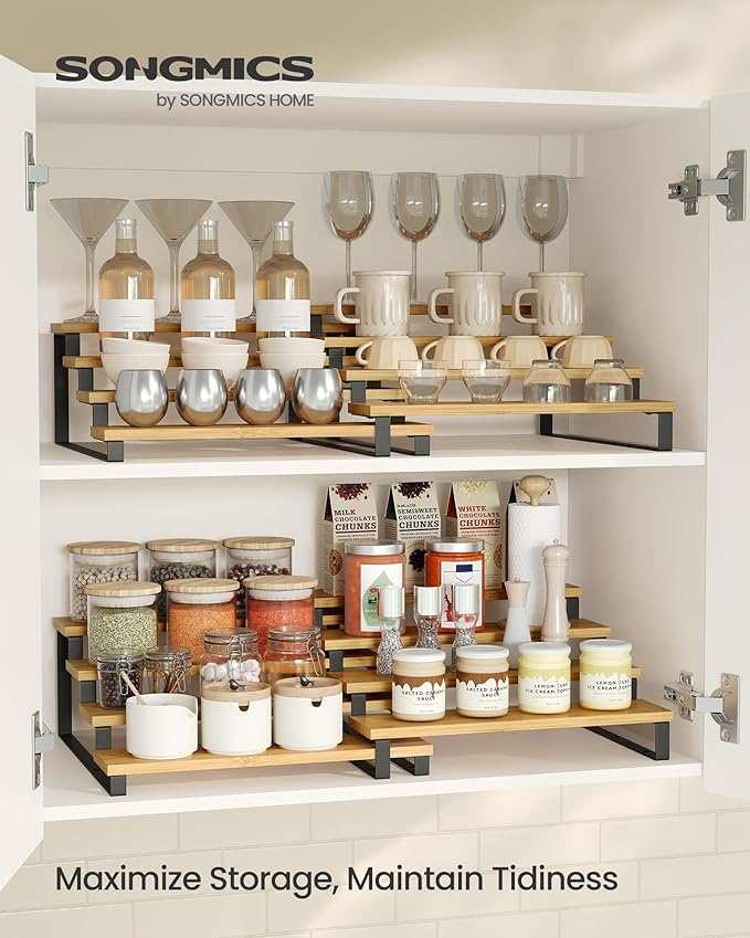 Spice Rack Set of 2 Tiered Risers, Natural Beige and Ink Black