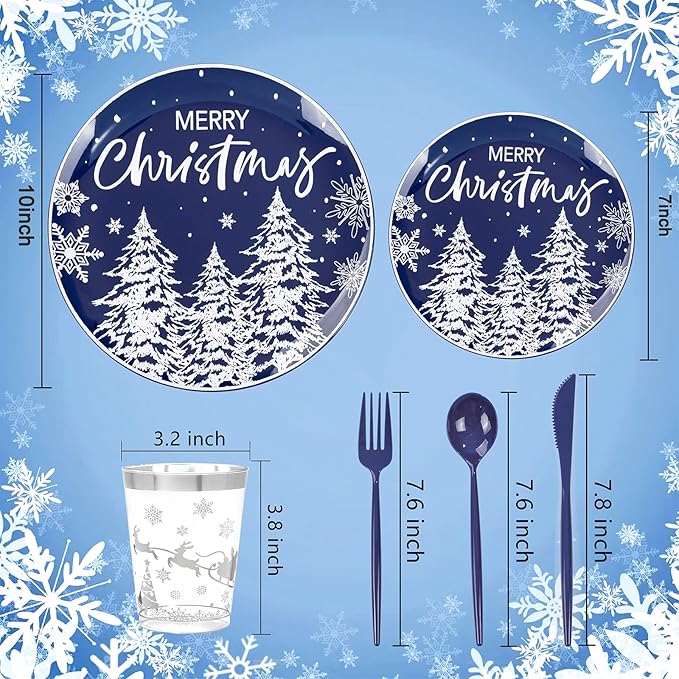 Plates Set, 150 Pieces, Blue Christmas Dinnerware with Snow Forest Design