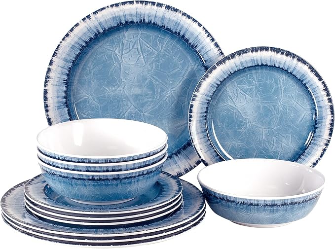 Melamine Dinnerware Set for 4, 12-Piece Navy Blue Round Dishes