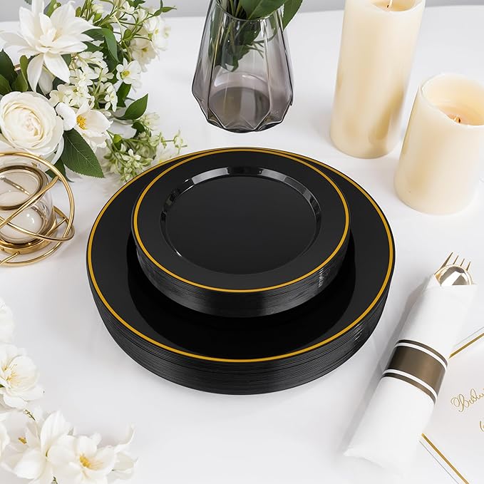 Disposable Plastic Plates Set, Black and Gold, 175 Pieces, Serves 25