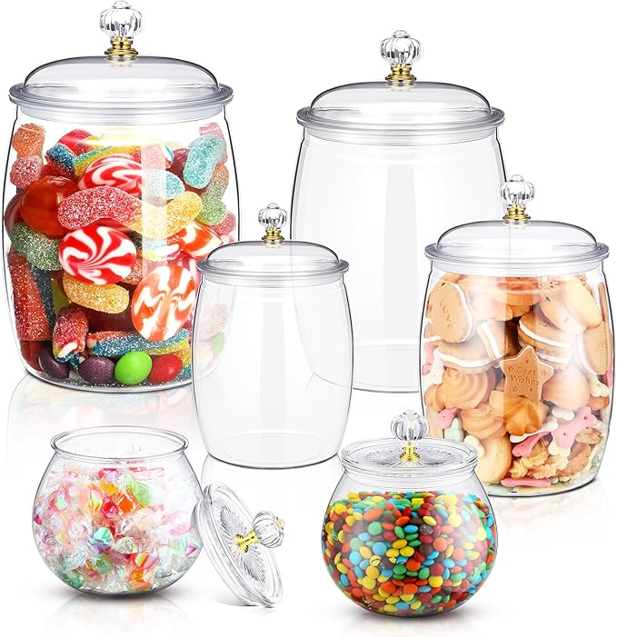 Food Jar Canisters, 6 Clear Plastic Jars with Lids, 30 to 90 oz