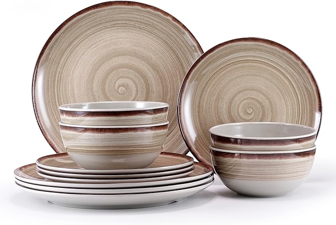 Brown Melamine Dinnerware Set for 4, 12 Pieces, Dishwasher Safe