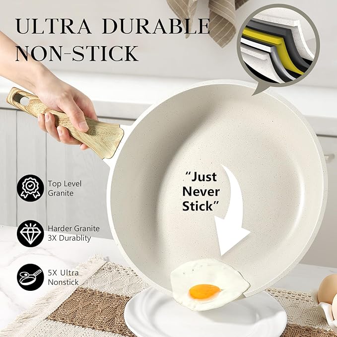 GiPP Nonstick Frying Pan Skillet with Lid - 8" White Granite Non Stick Pans, Omelette Pan with Heat-Resistant Handle, Compatible with All Stovetops, PFOA Free
