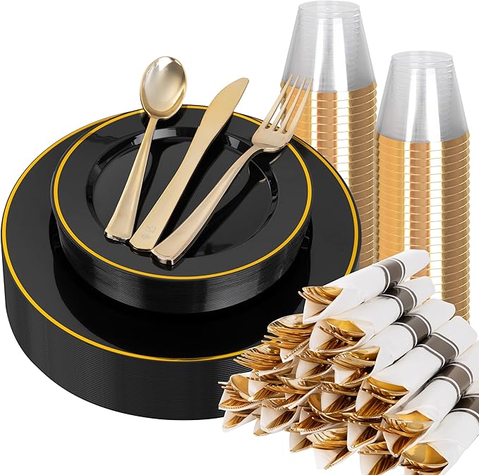 Disposable Plastic Plates Set, Black and Gold, 175 Pieces, Serves 25
