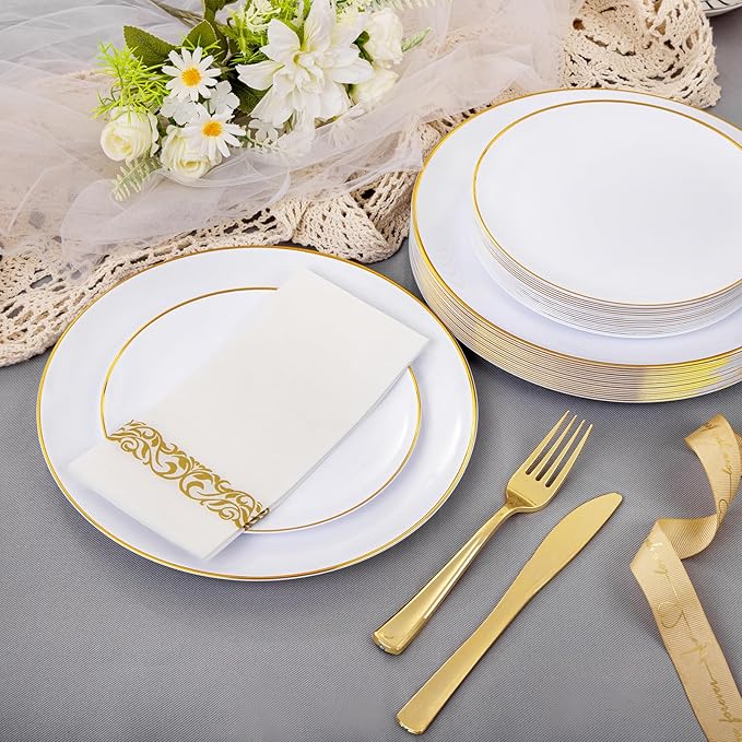 Plastic Plates with Gold Rim, 350-Piece White Disposable Dinnerware Set for 50