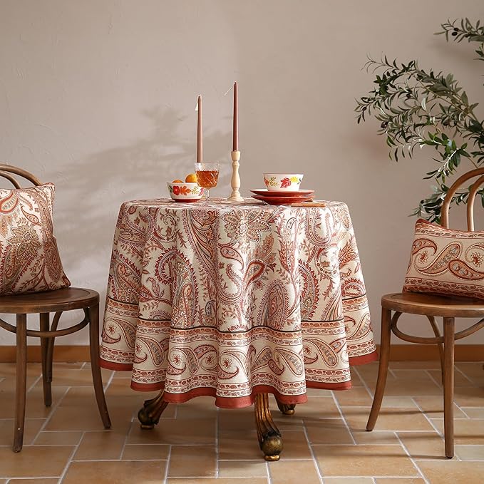 55-Inch Round Linen Blend Tablecloth with Floral Pattern for Dining