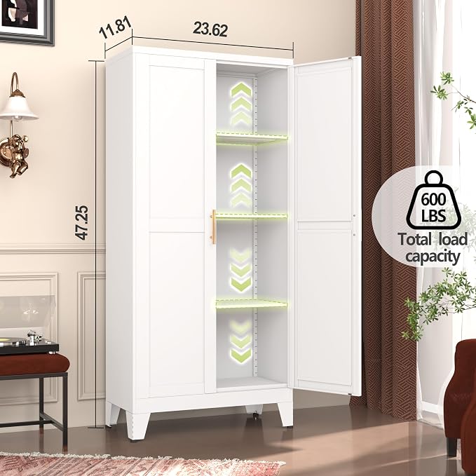 Pantry Cabinet, White Steel, 2 Doors, 3 Adjustable Shelves