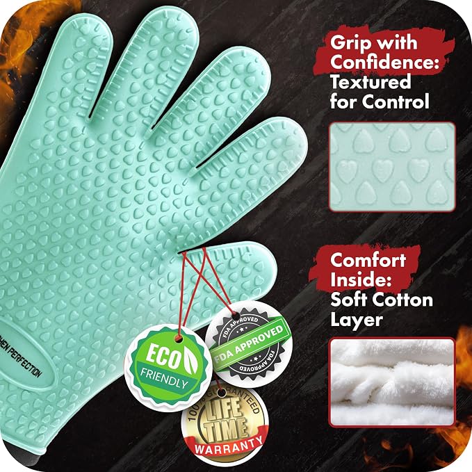 Silicone Protective Mitts, 12 x 9 in Mint Pair, Heat Resistant to 500°F