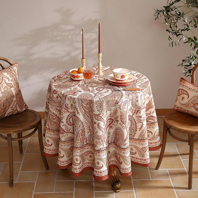 55-Inch Round Linen Blend Tablecloth with Floral Pattern for Dining