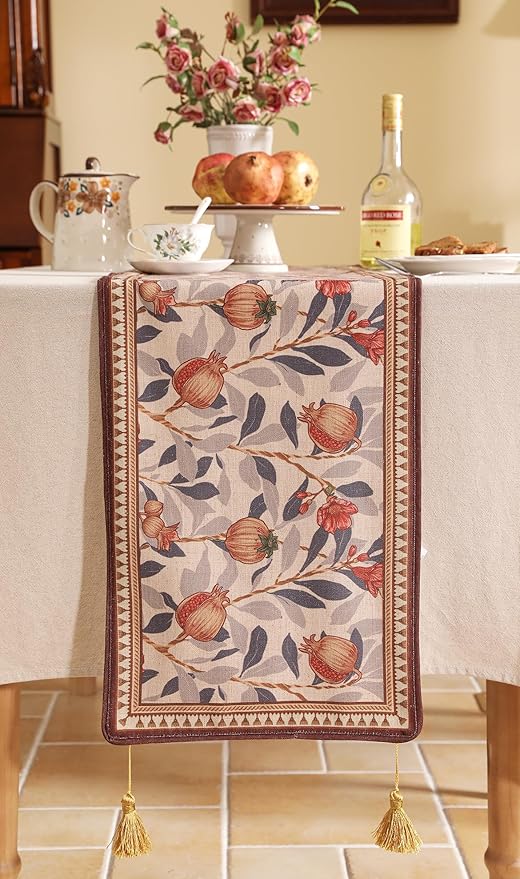 Table Runner, 12 x 87 Inch Floral Pomegranate Linen-Polyester Blend