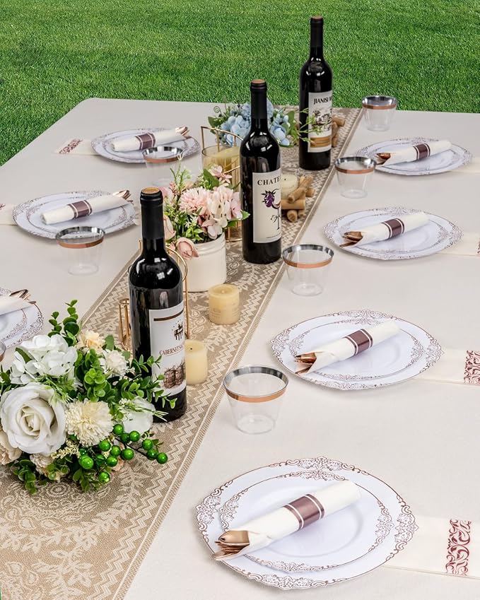 Plates Set with Rose Gold Border, Disposable Plastic, 350 Pieces